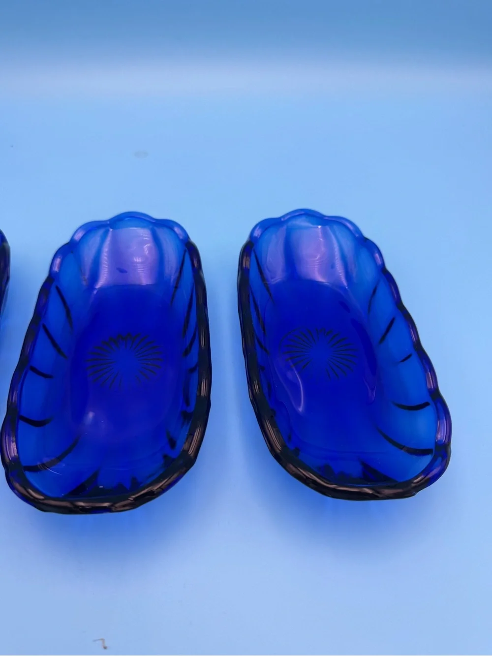 Set of 4 Vintage Cobalt Blue Glass Oval Relish Dishes, Scalloped Edges